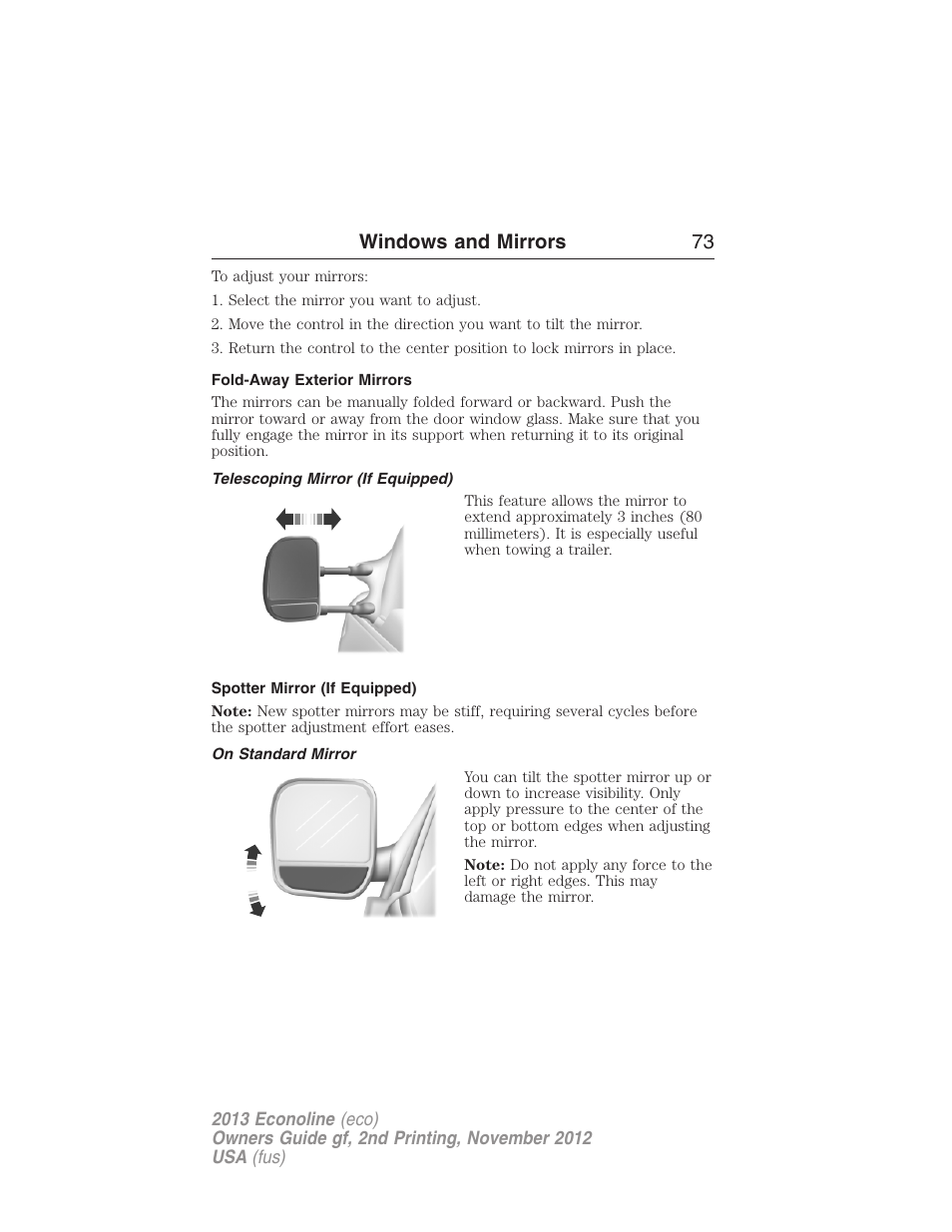 Fold-away exterior mirrors, Telescoping mirror (if equipped), Spotter mirror (if equipped) | On standard mirror, Windows and mirrors 73 | FORD 2013 E-450 v.2 User Manual | Page 74 / 437
