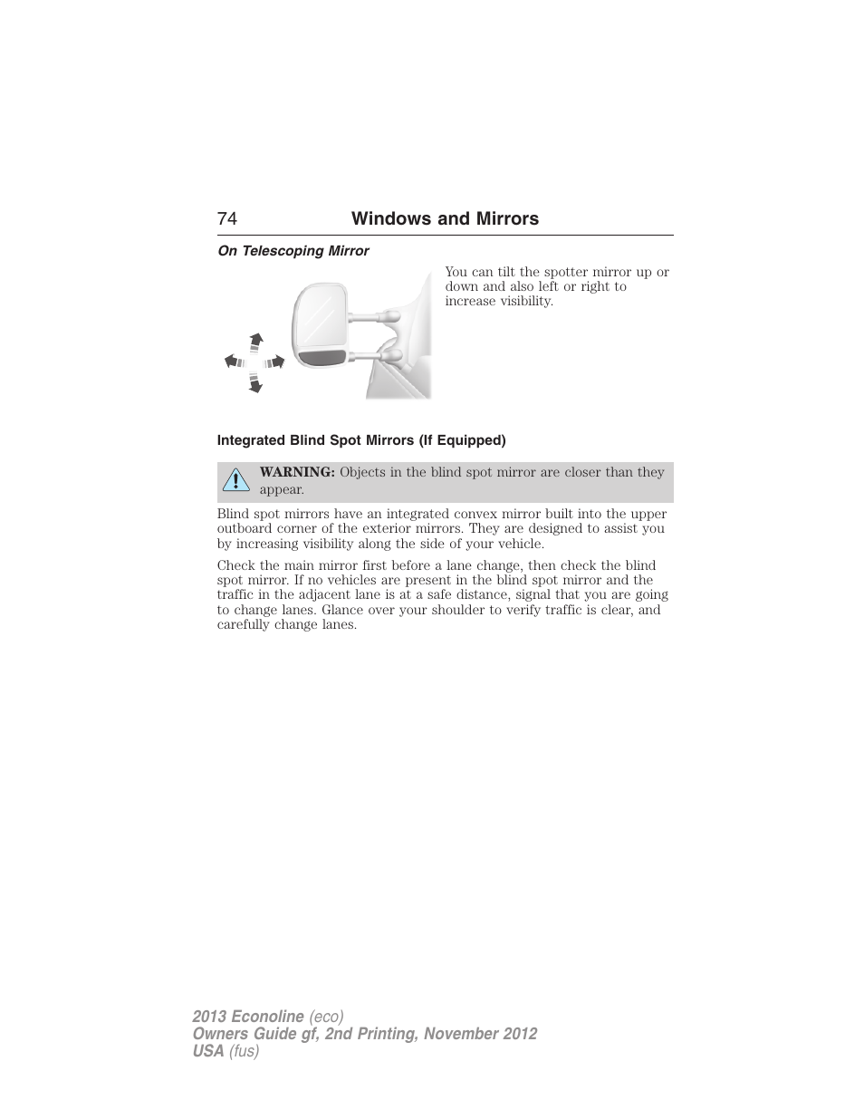 On telescoping mirror, Integrated blind spot mirrors (if equipped), 74 windows and mirrors | FORD 2013 E-450 v.2 User Manual | Page 75 / 437