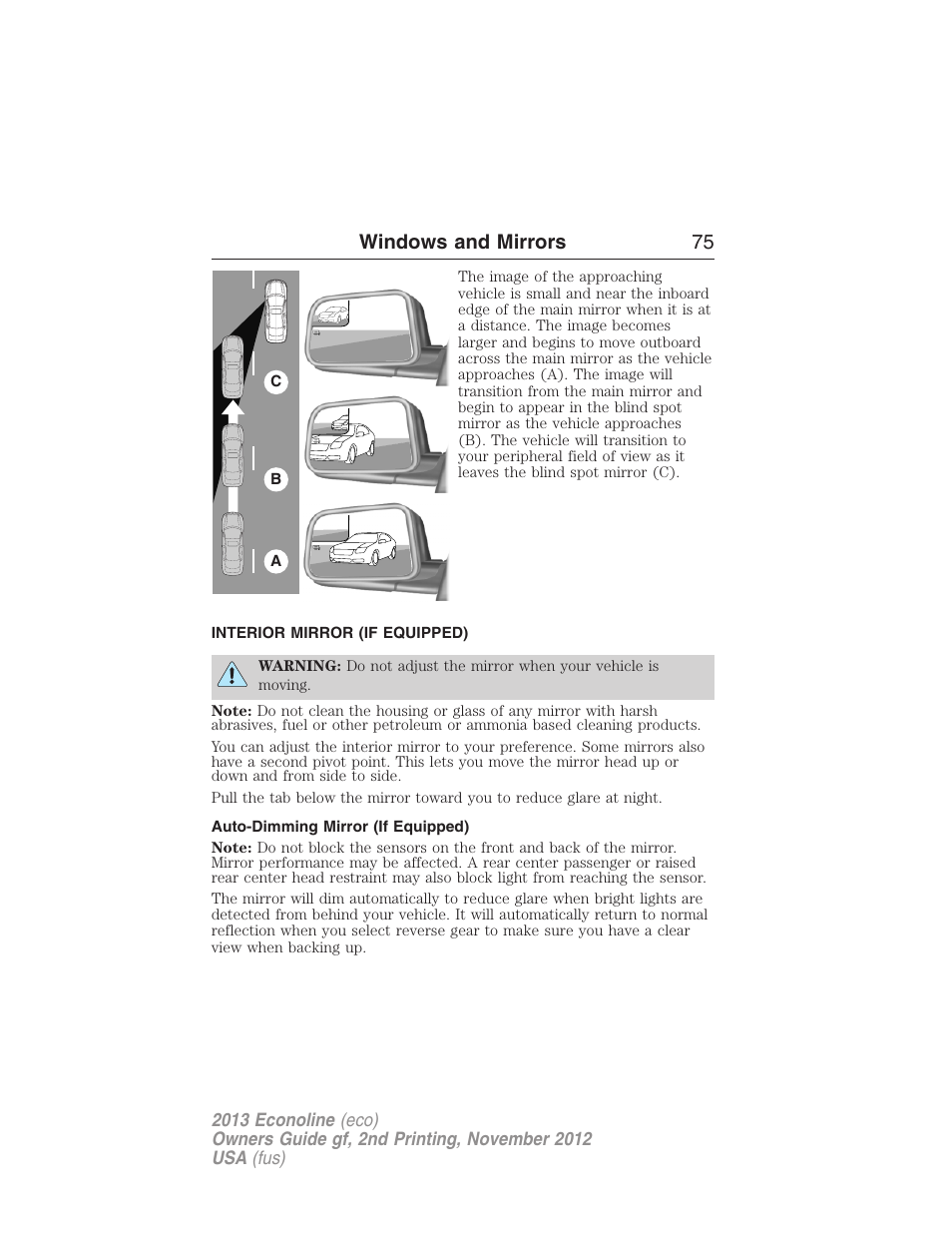 Interior mirror (if equipped), Auto-dimming mirror (if equipped), Interior mirrors | Windows and mirrors 75 | FORD 2013 E-450 v.2 User Manual | Page 76 / 437