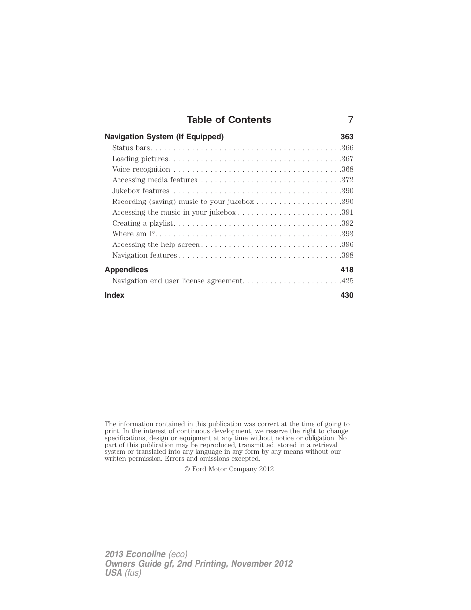 Table of contents 7 | FORD 2013 E-450 v.2 User Manual | Page 8 / 437