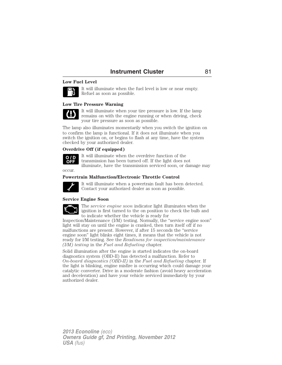 Instrument cluster 81 | FORD 2013 E-450 v.2 User Manual | Page 82 / 437