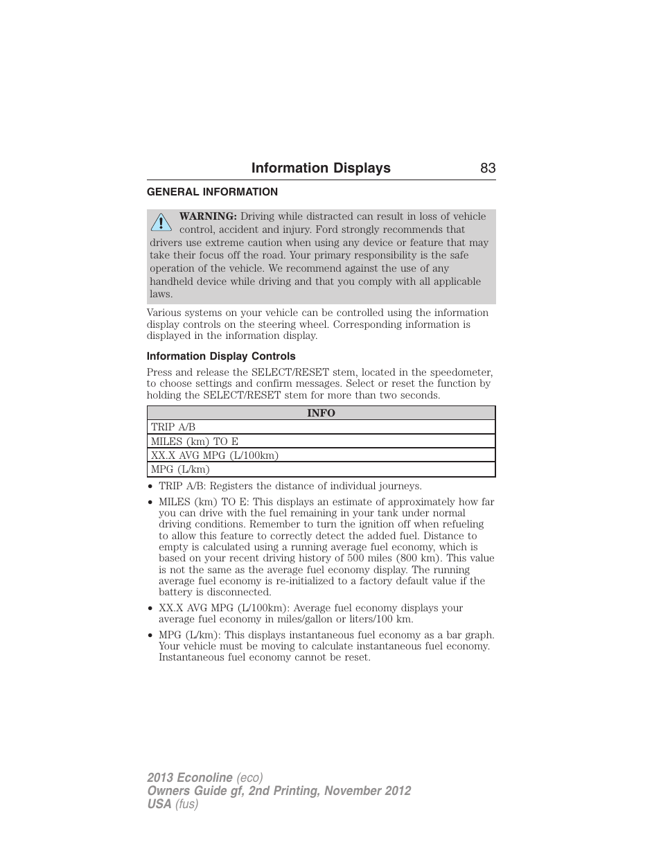 Information displays, General information, Information display controls | Controls, Information displays 83 | FORD 2013 E-450 v.2 User Manual | Page 84 / 437