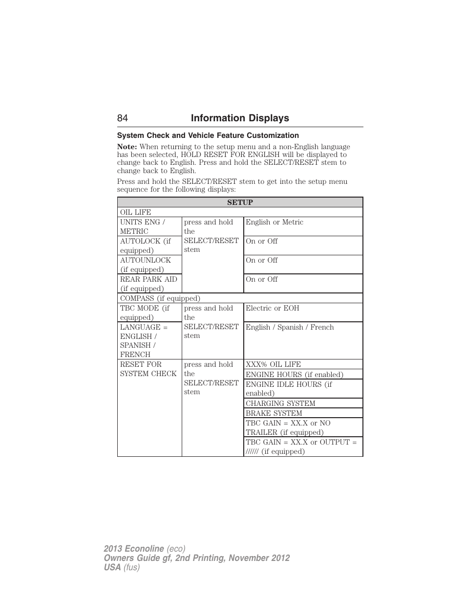 System check and vehicle feature customization, 84 information displays | FORD 2013 E-450 v.2 User Manual | Page 85 / 437