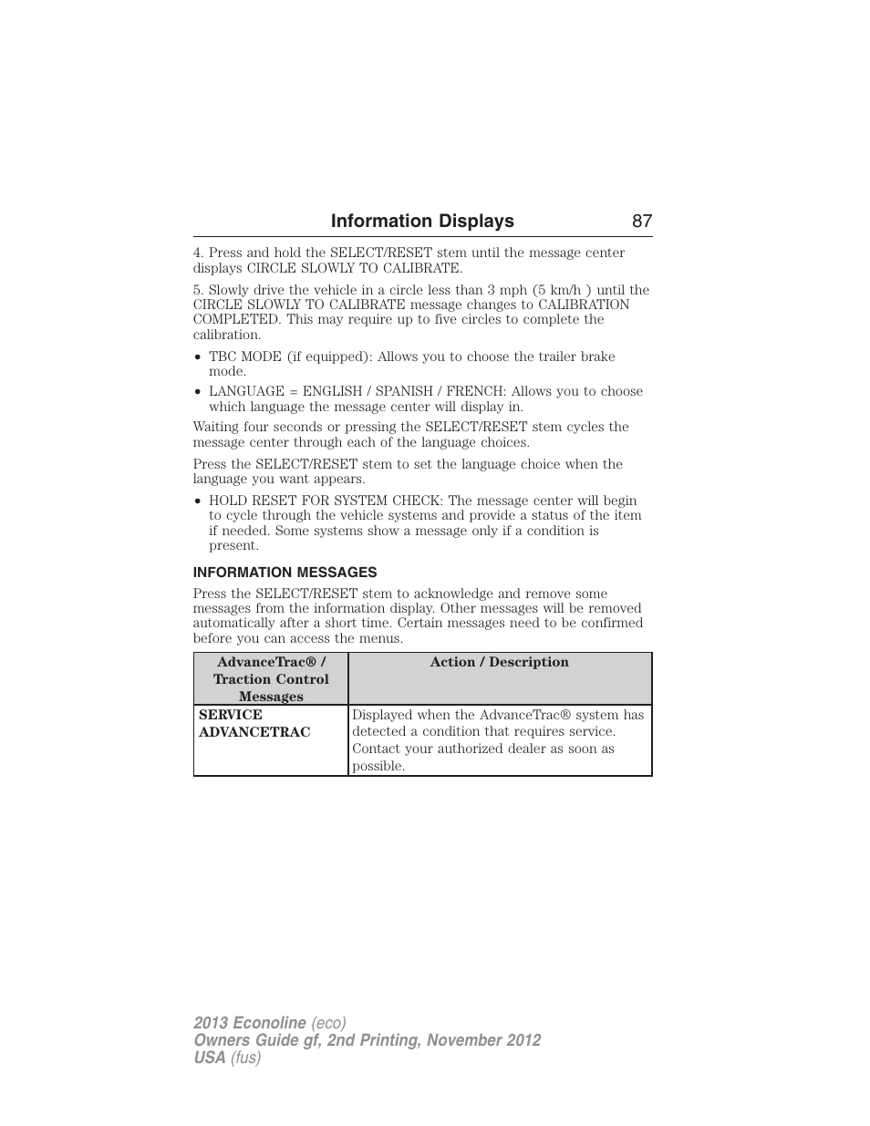 Information messages, Information displays 87 | FORD 2013 E-450 v.2 User Manual | Page 88 / 437