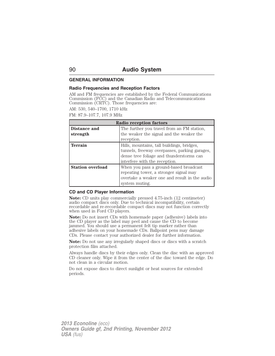 Audio system, General information, Radio frequencies and reception factors | Cd and cd player information, 90 audio system | FORD 2013 E-450 v.2 User Manual | Page 91 / 437