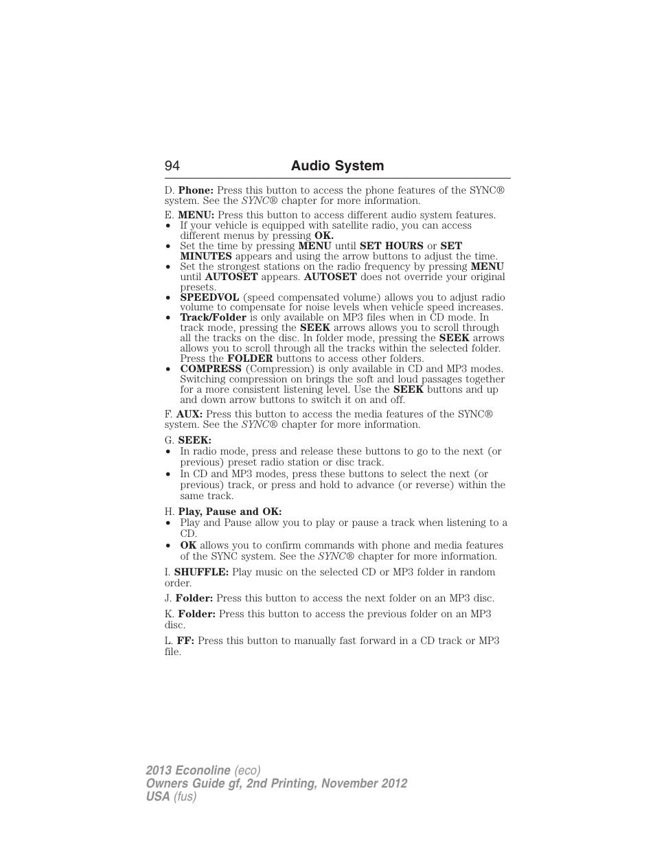 94 audio system | FORD 2013 E-450 v.2 User Manual | Page 95 / 437
