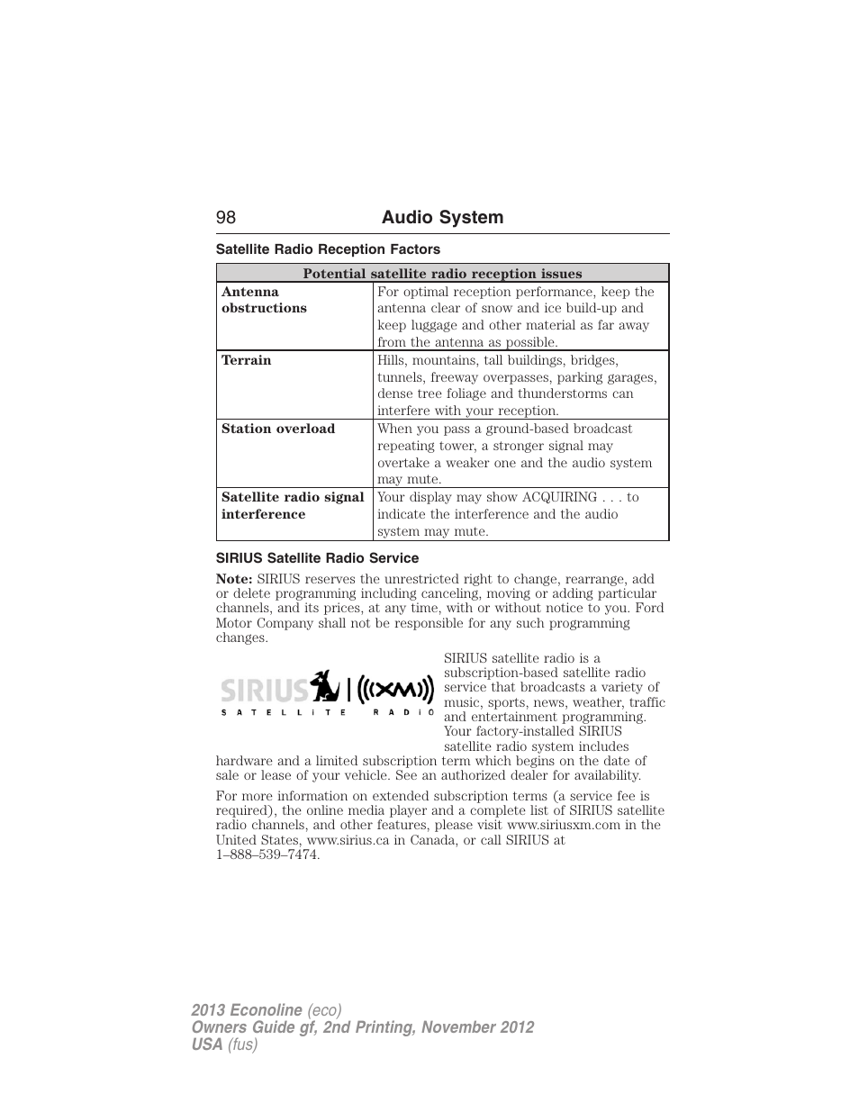 Satellite radio reception factors, Sirius satellite radio service, 98 audio system | FORD 2013 E-450 v.2 User Manual | Page 99 / 437