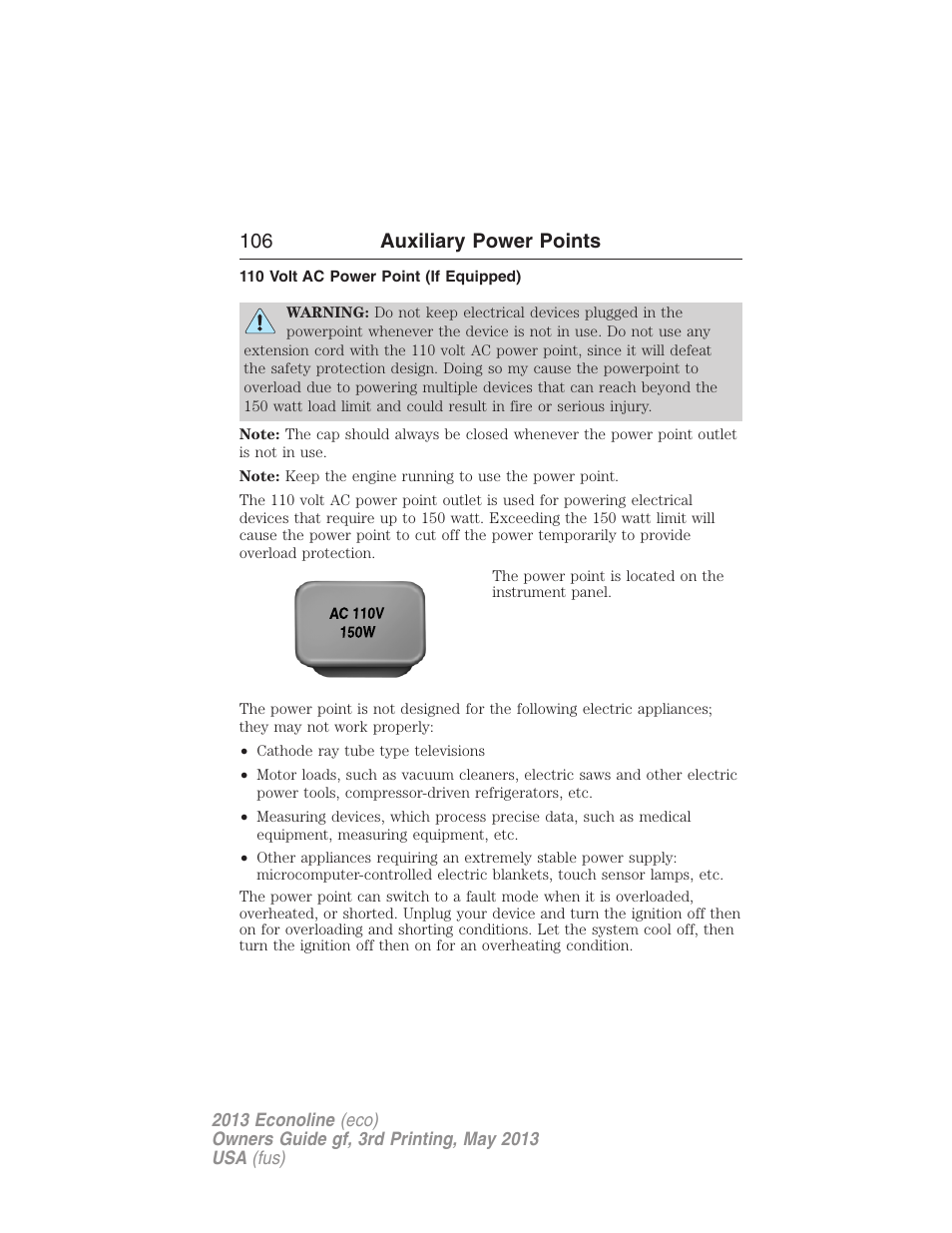 110 volt ac power point (if equipped), 106 auxiliary power points | FORD 2013 E-450 v.3 User Manual | Page 107 / 444