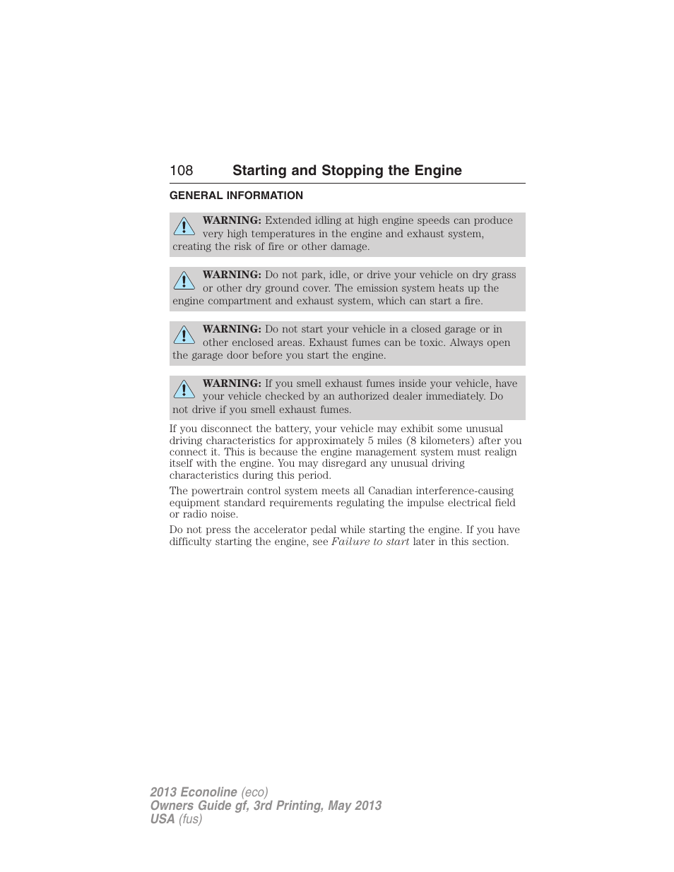 Starting and stopping the engine, General information, 108 starting and stopping the engine | FORD 2013 E-450 v.3 User Manual | Page 109 / 444