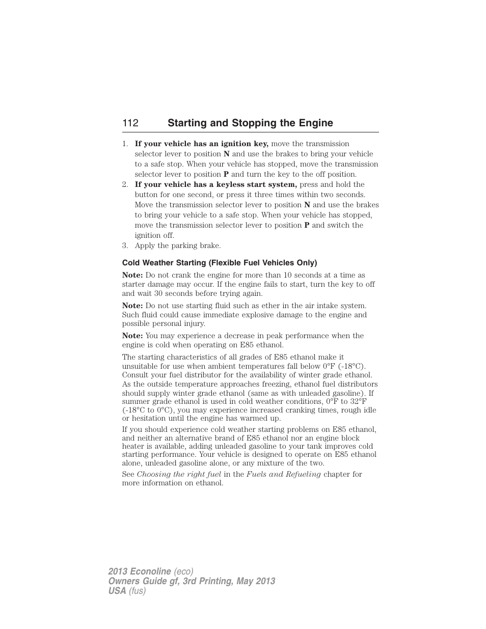 112 starting and stopping the engine | FORD 2013 E-450 v.3 User Manual | Page 113 / 444