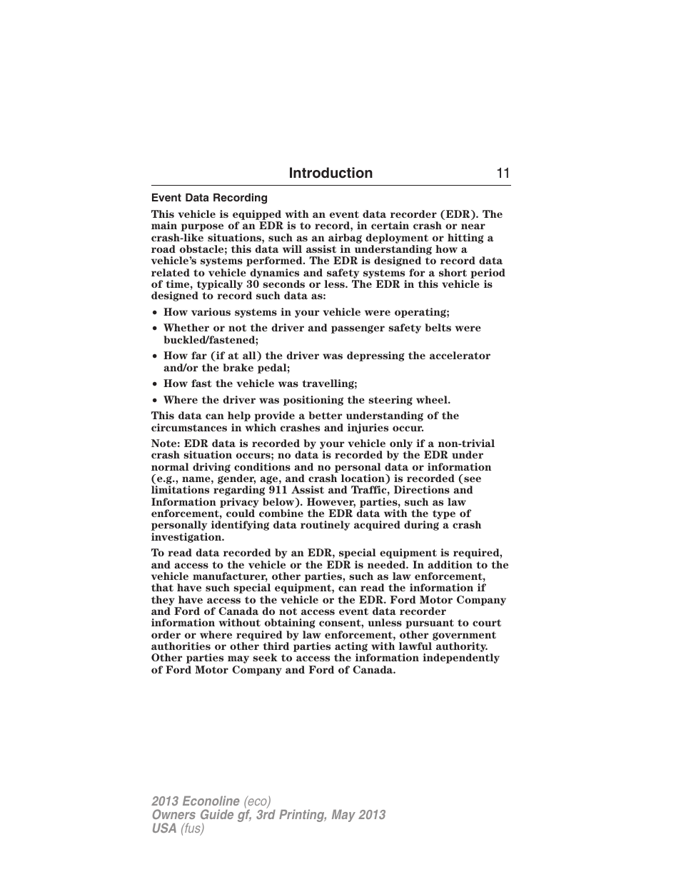 Event data recording, Introduction 11 | FORD 2013 E-450 v.3 User Manual | Page 12 / 444