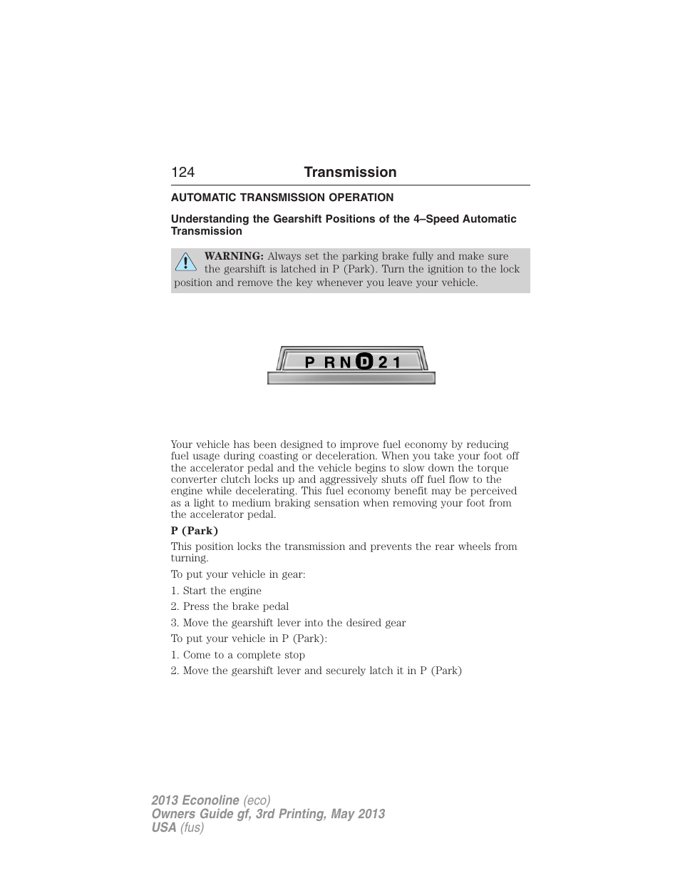 Transmission, Automatic transmission operation, Transmission operation | Automatic transmission, 124 transmission | FORD 2013 E-450 v.3 User Manual | Page 125 / 444