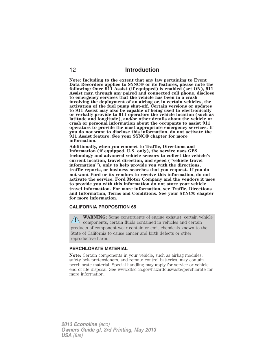 California proposition 65, Perchlorate material, 12 introduction | FORD 2013 E-450 v.3 User Manual | Page 13 / 444