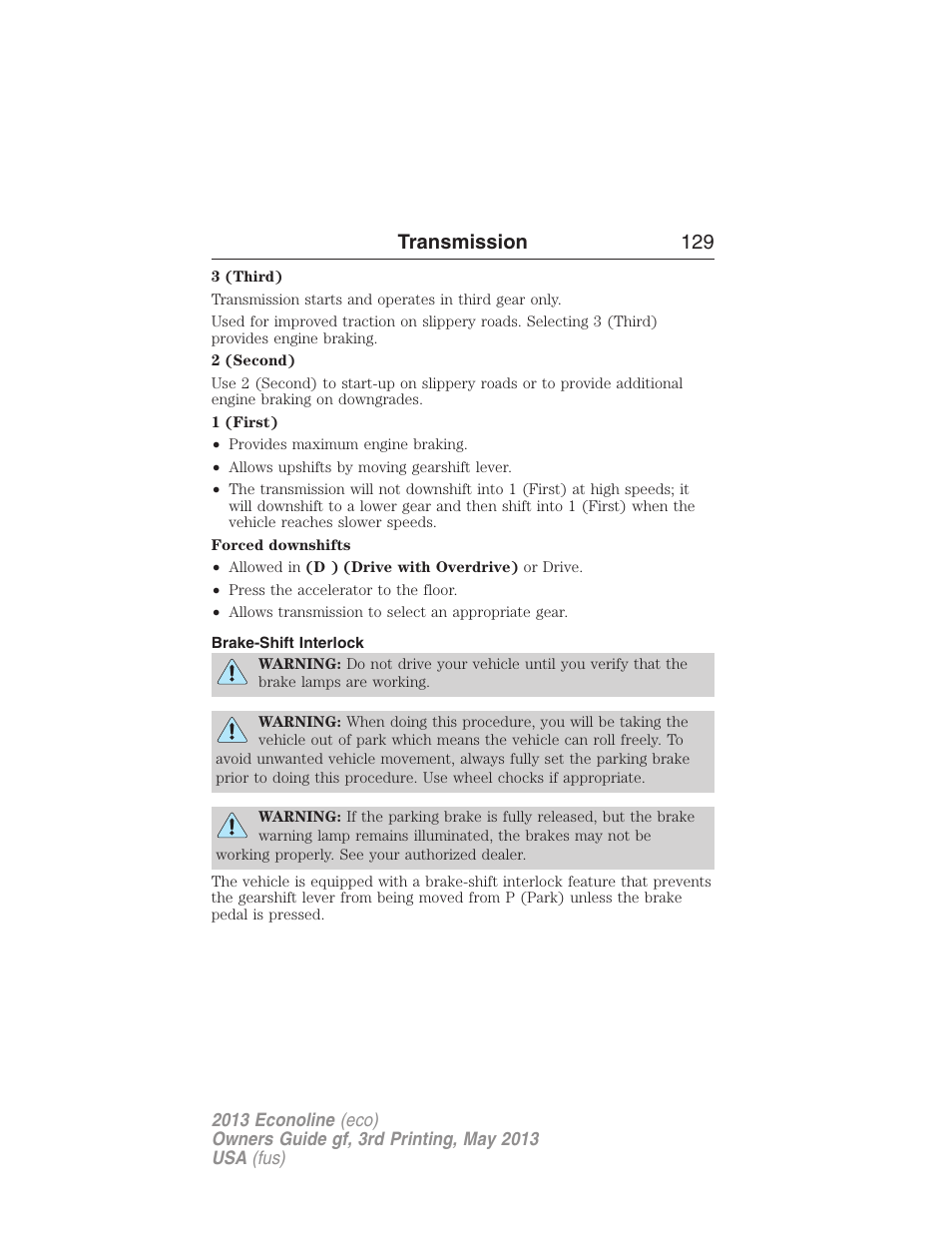 Brake-shift interlock, Transmission 129 | FORD 2013 E-450 v.3 User Manual | Page 130 / 444