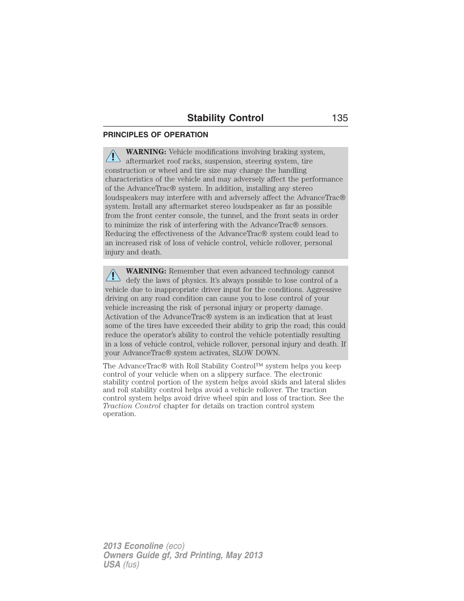 Stability control, Principles of operation, Advancetrac | Stability control 135 | FORD 2013 E-450 v.3 User Manual | Page 136 / 444
