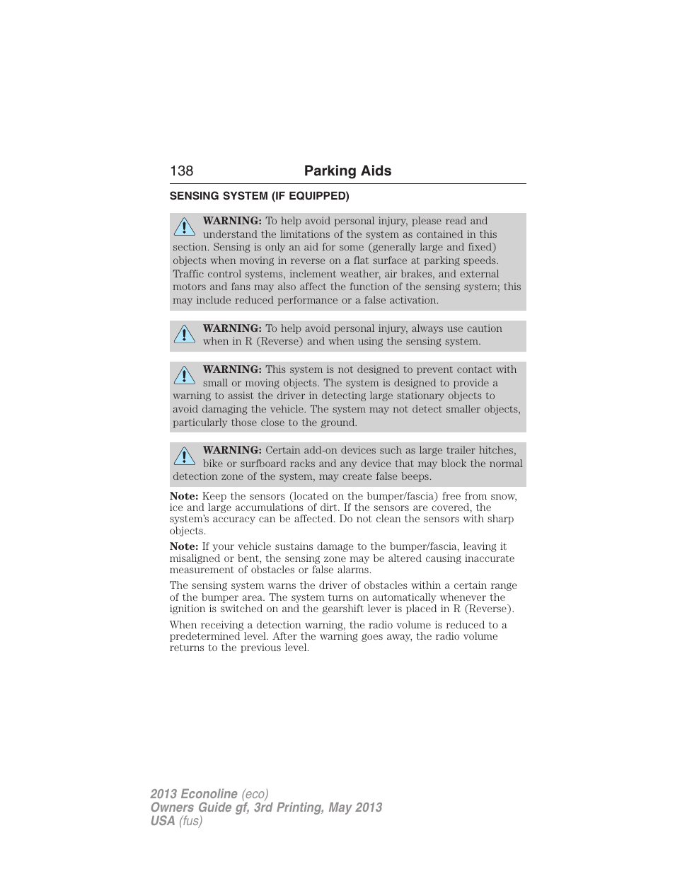 Parking aids, Sensing system (if equipped), Sensing system | 138 parking aids | FORD 2013 E-450 v.3 User Manual | Page 139 / 444
