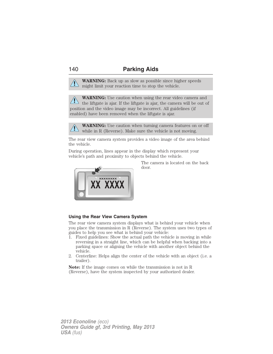Using the rear view camera system, 140 parking aids | FORD 2013 E-450 v.3 User Manual | Page 141 / 444