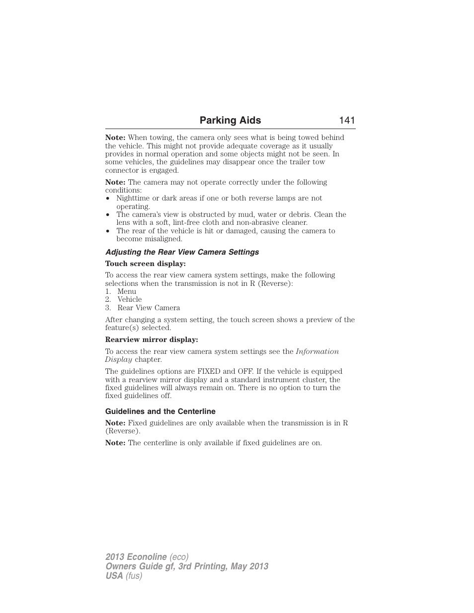 Adjusting the rear view camera settings, Guidelines and the centerline, Parking aids 141 | FORD 2013 E-450 v.3 User Manual | Page 142 / 444