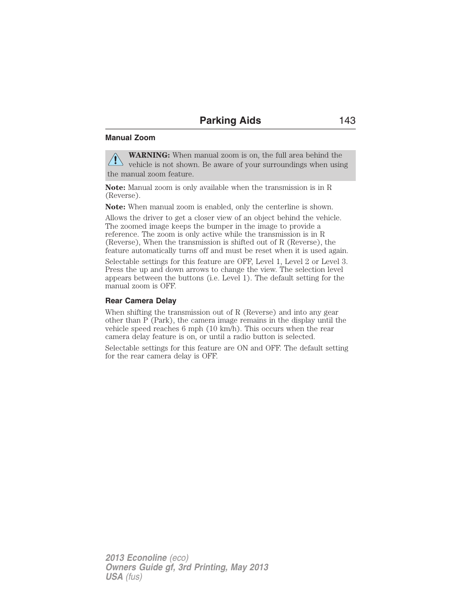 Manual zoom, Rear camera delay, Parking aids 143 | FORD 2013 E-450 v.3 User Manual | Page 144 / 444