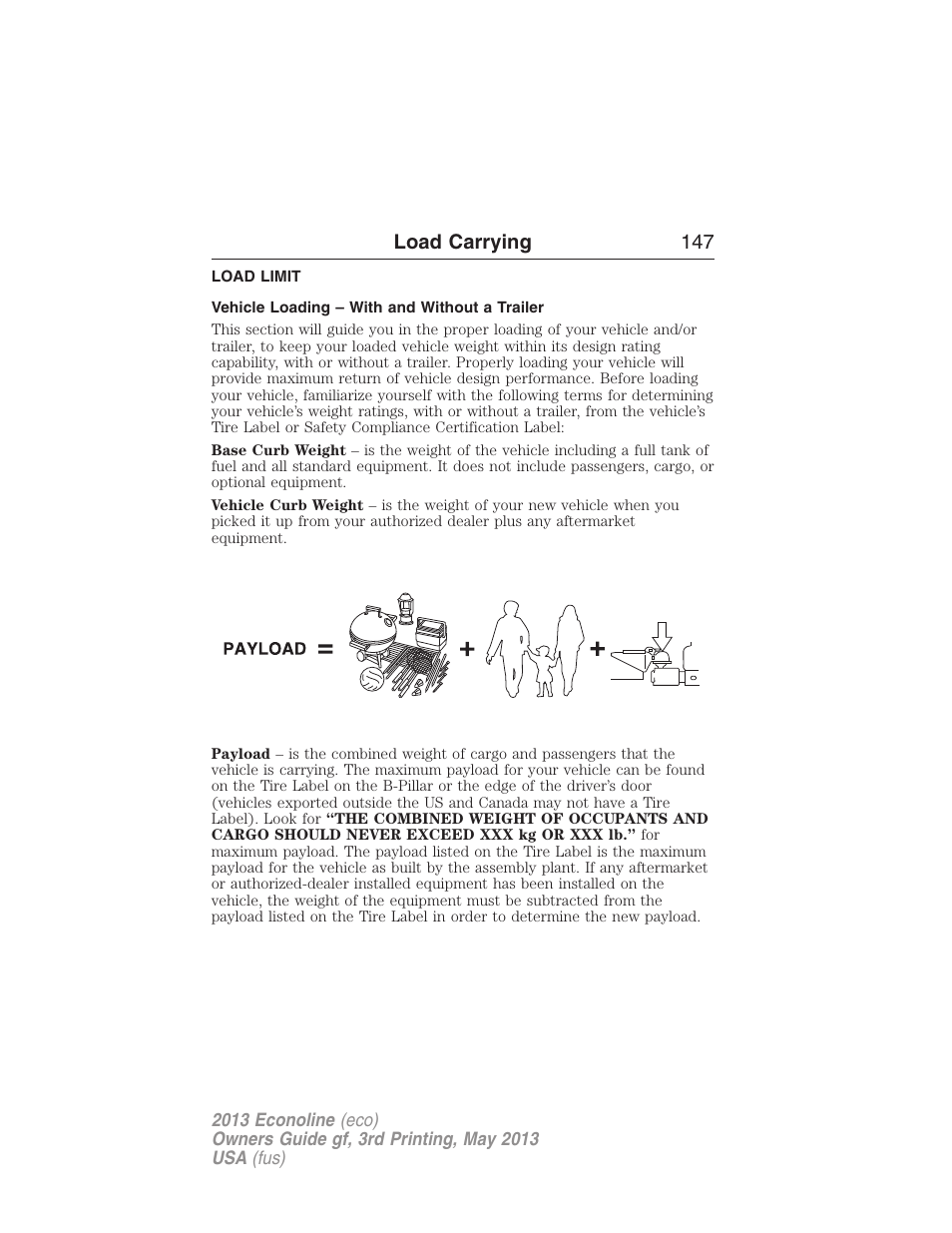 Load carrying, Load limit, Vehicle loading – with and without a trailer | Vehicle loading, Load carrying 147 | FORD 2013 E-450 v.3 User Manual | Page 148 / 444