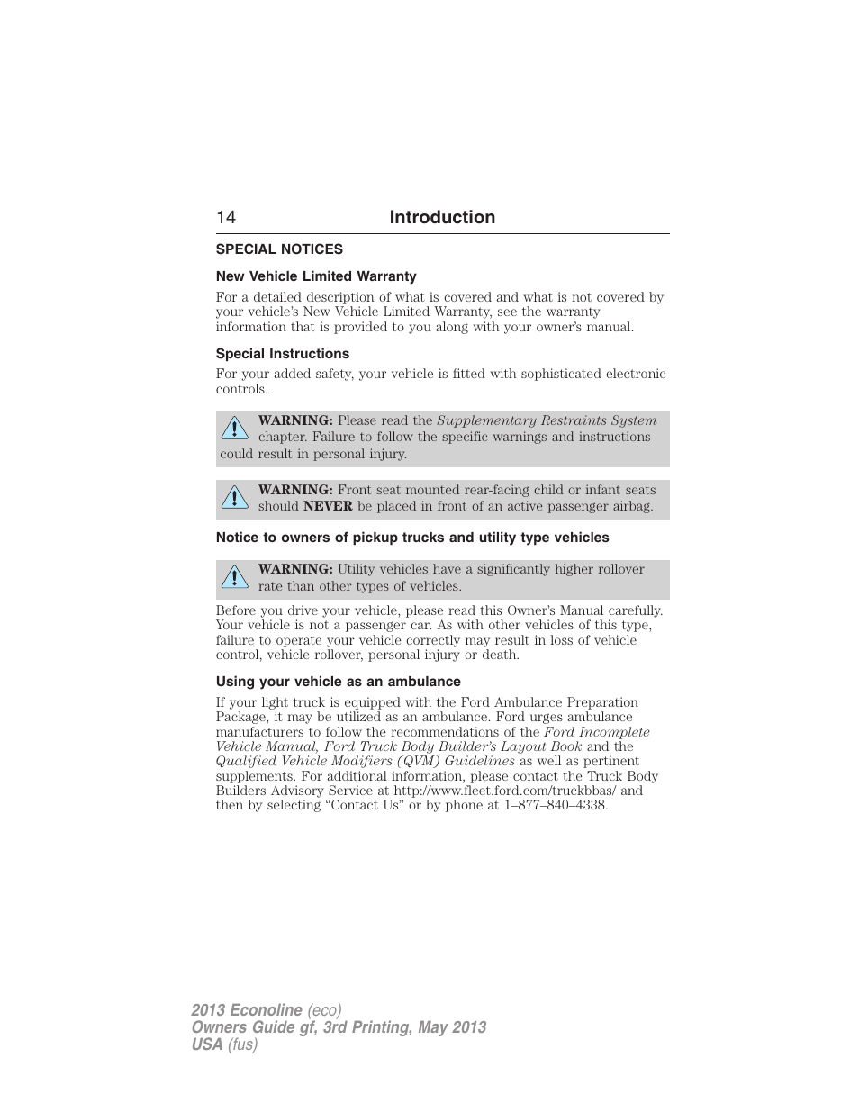 Special notices, New vehicle limited warranty, Special instructions | Using your vehicle as an ambulance, 14 introduction | FORD 2013 E-450 v.3 User Manual | Page 15 / 444