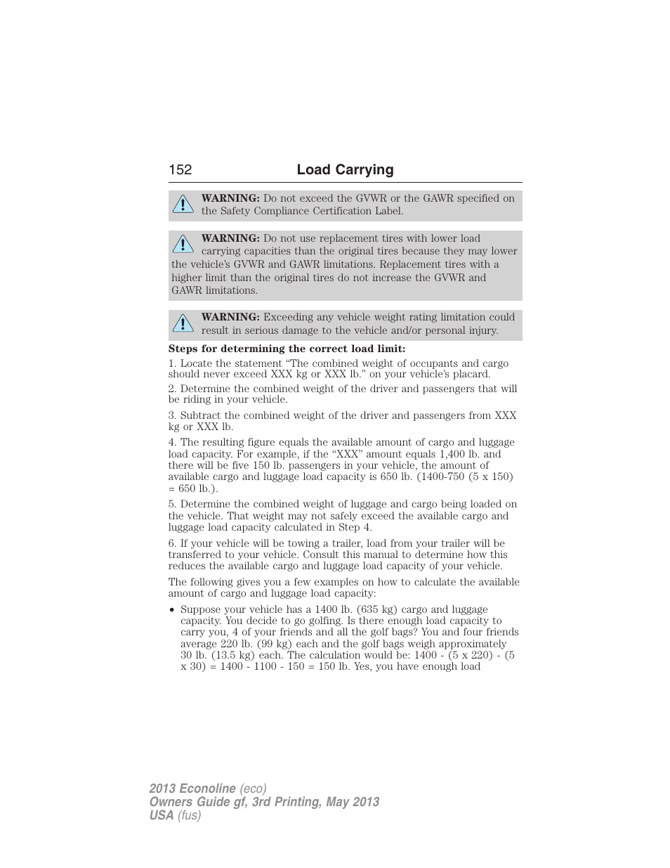 152 load carrying | FORD 2013 E-450 v.3 User Manual | Page 153 / 444