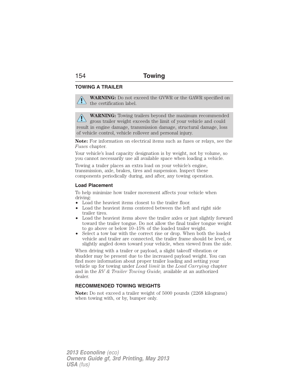 Towing, Towing a trailer, Load placement | Recommended towing weights, Trailer towing, 154 towing | FORD 2013 E-450 v.3 User Manual | Page 155 / 444
