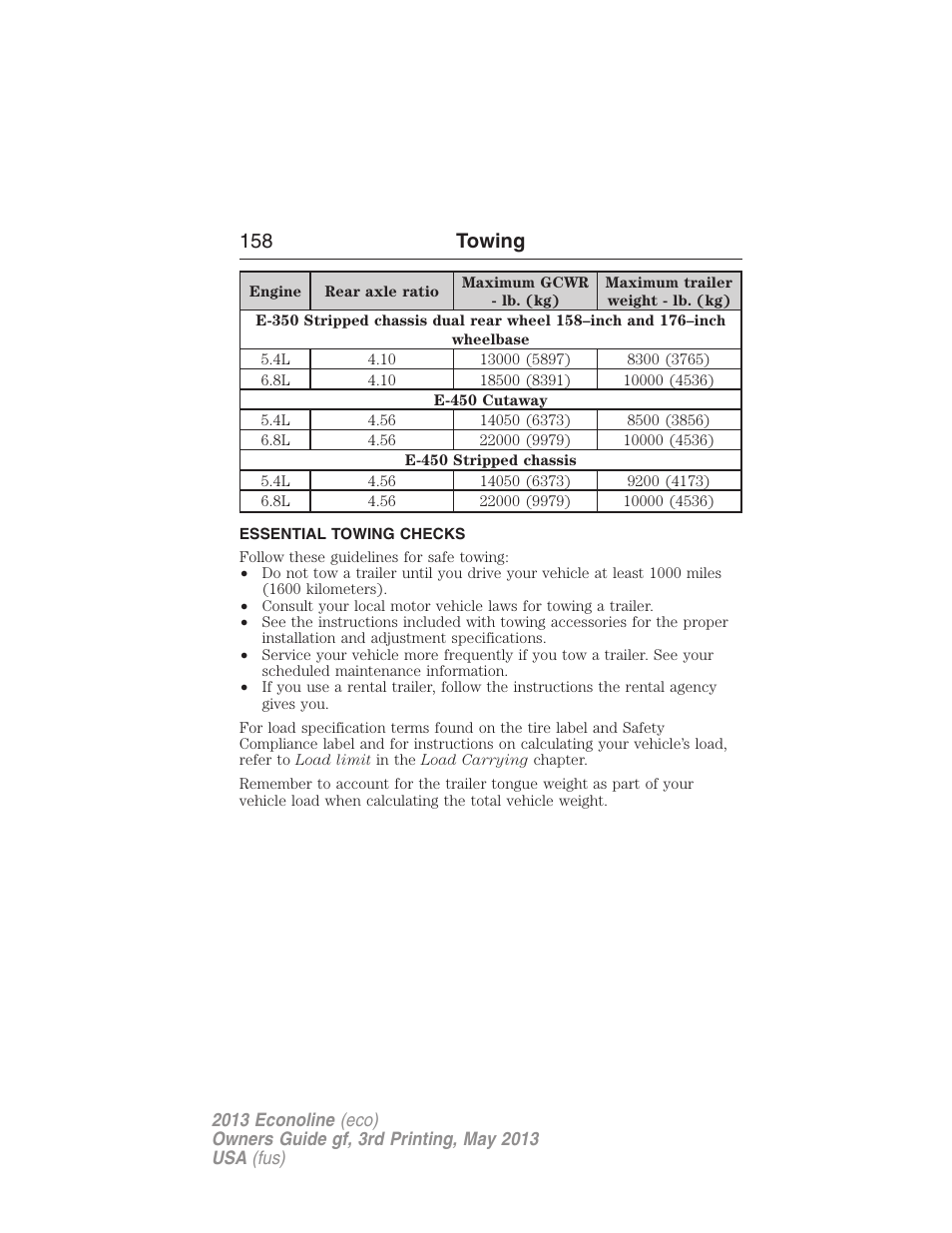 Essential towing checks, 158 towing | FORD 2013 E-450 v.3 User Manual | Page 159 / 444