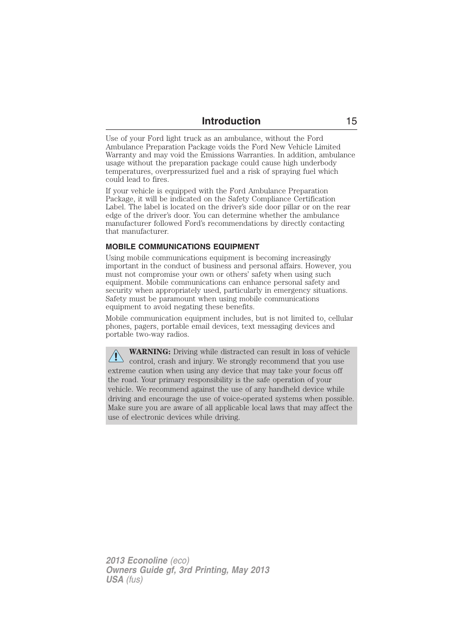 Mobile communications equipment, Introduction 15 | FORD 2013 E-450 v.3 User Manual | Page 16 / 444