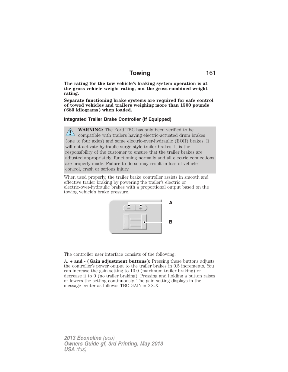Integrated trailer brake controller (if equipped), Trailer brake controller-integrated, Towing 161 | FORD 2013 E-450 v.3 User Manual | Page 162 / 444