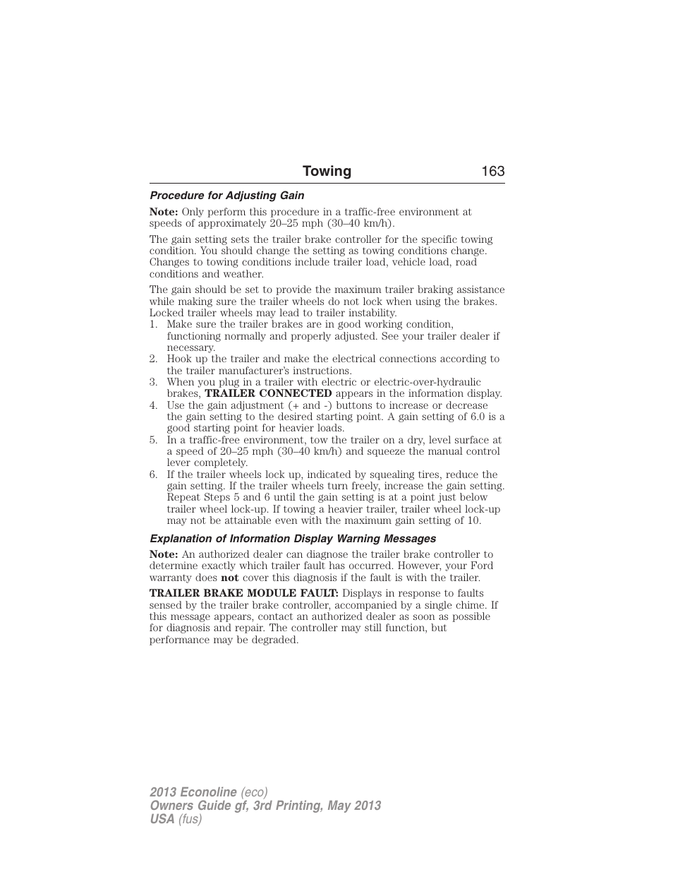 Procedure for adjusting gain, Towing 163 | FORD 2013 E-450 v.3 User Manual | Page 164 / 444