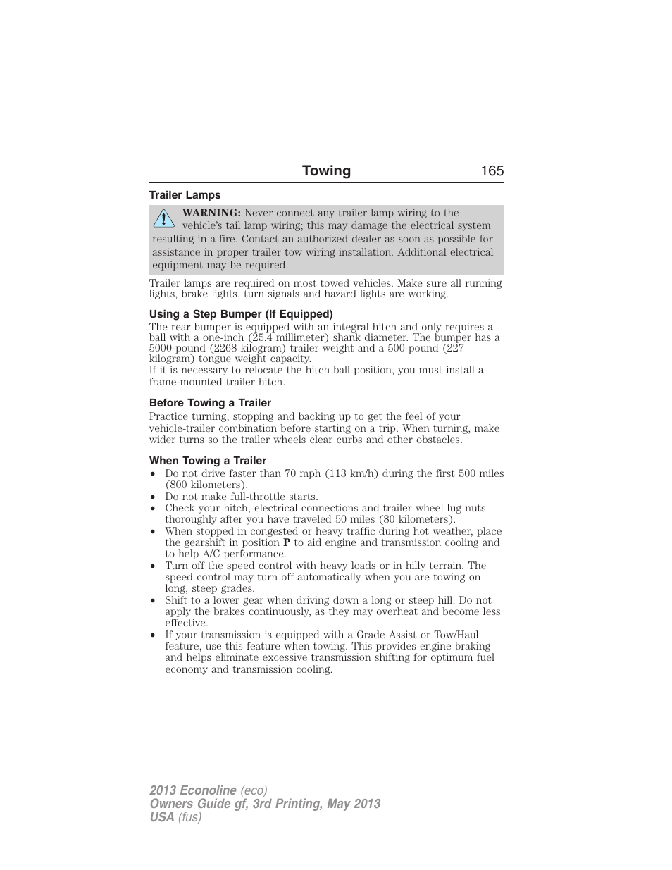 Trailer lamps, Using a step bumper (if equipped), Before towing a trailer | When towing a trailer, Towing 165 | FORD 2013 E-450 v.3 User Manual | Page 166 / 444