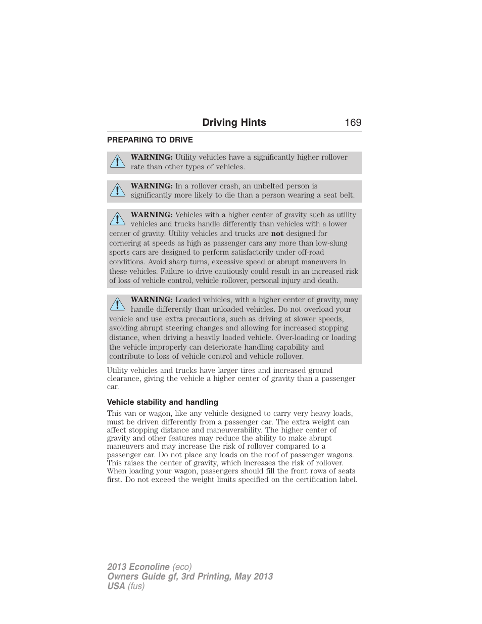 Driving hints, Preparing to drive, Vehicle stability and handling | Driving hints 169 | FORD 2013 E-450 v.3 User Manual | Page 170 / 444