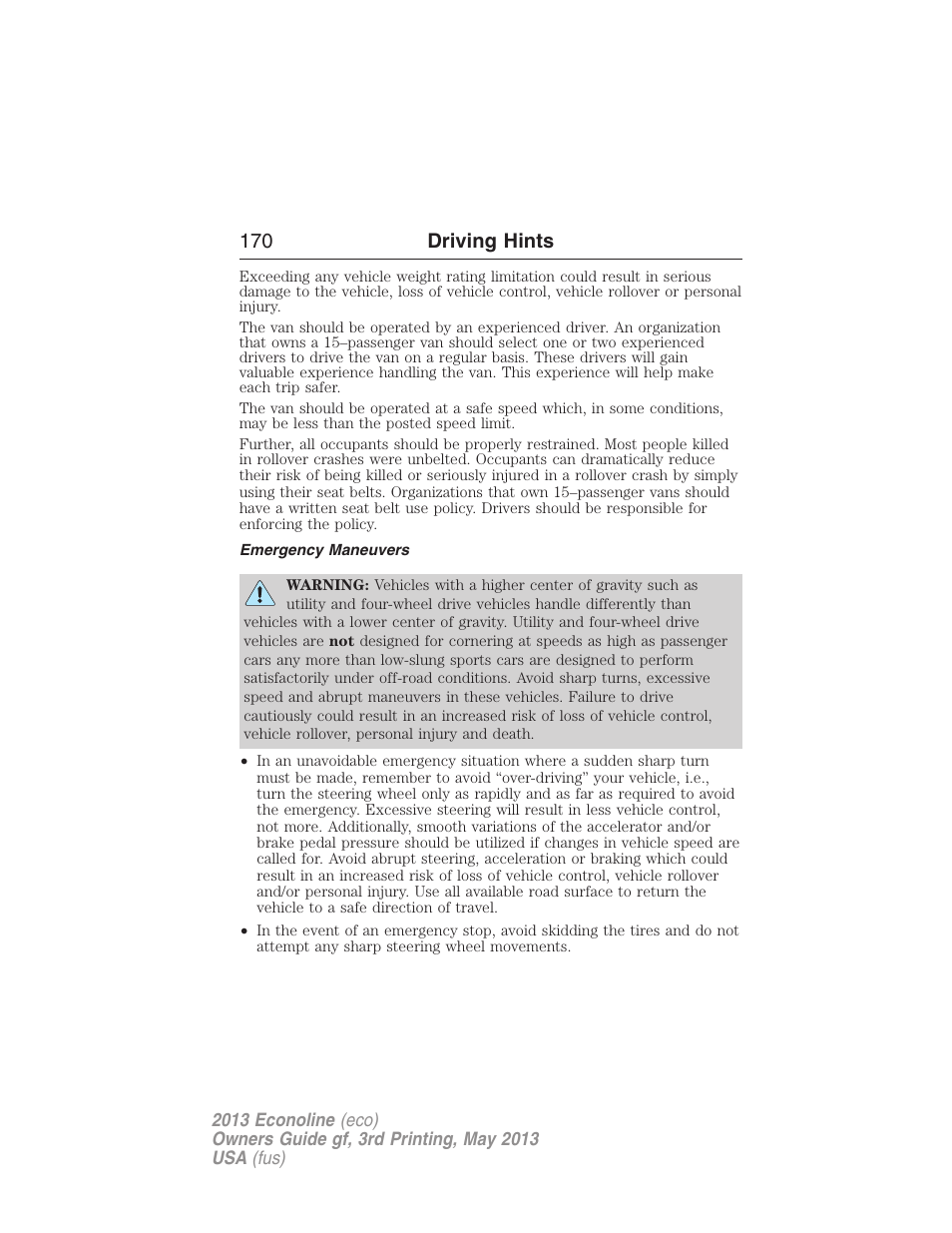 Emergency maneuvers, 170 driving hints | FORD 2013 E-450 v.3 User Manual | Page 171 / 444