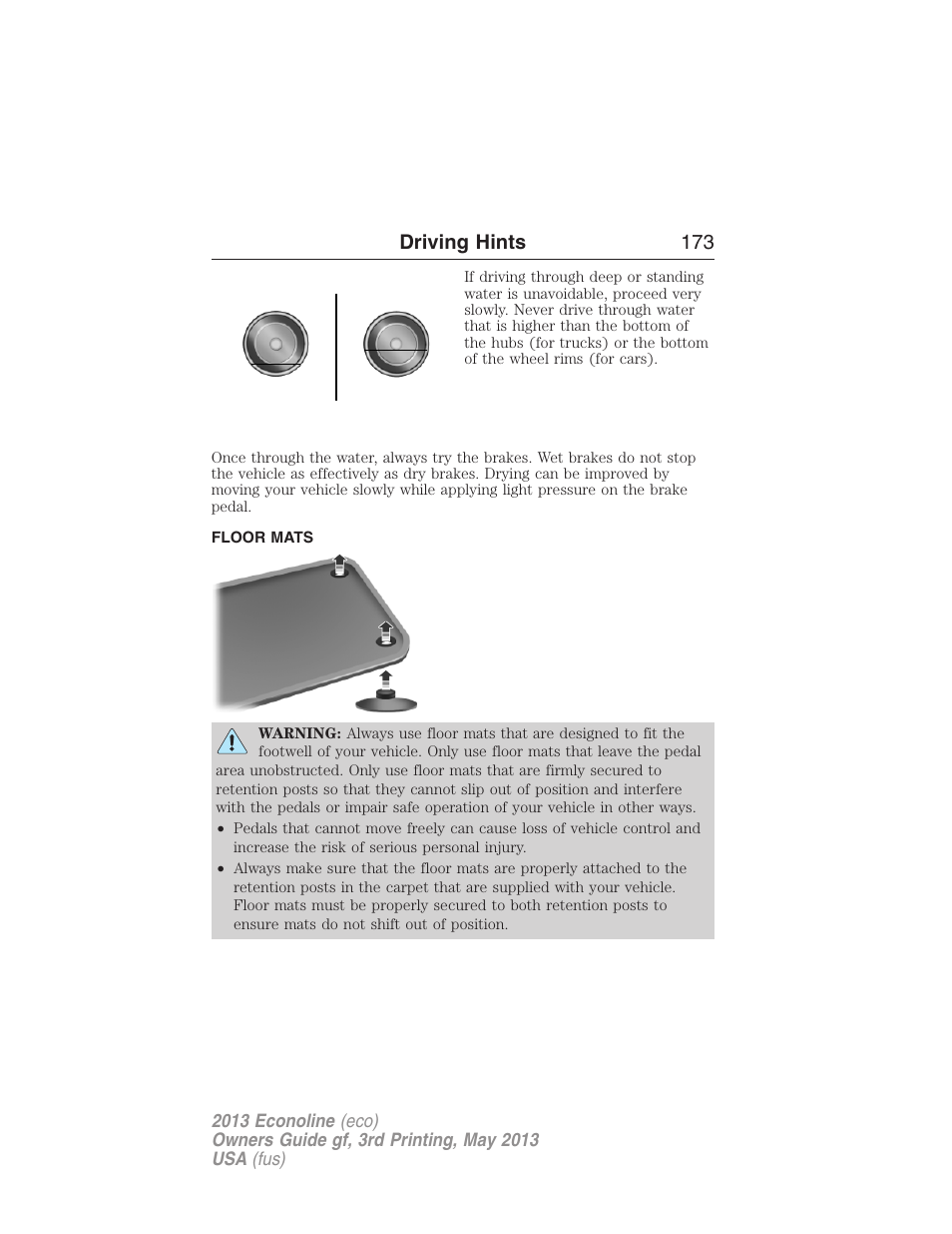 Floor mats, Driving hints 173 | FORD 2013 E-450 v.3 User Manual | Page 174 / 444