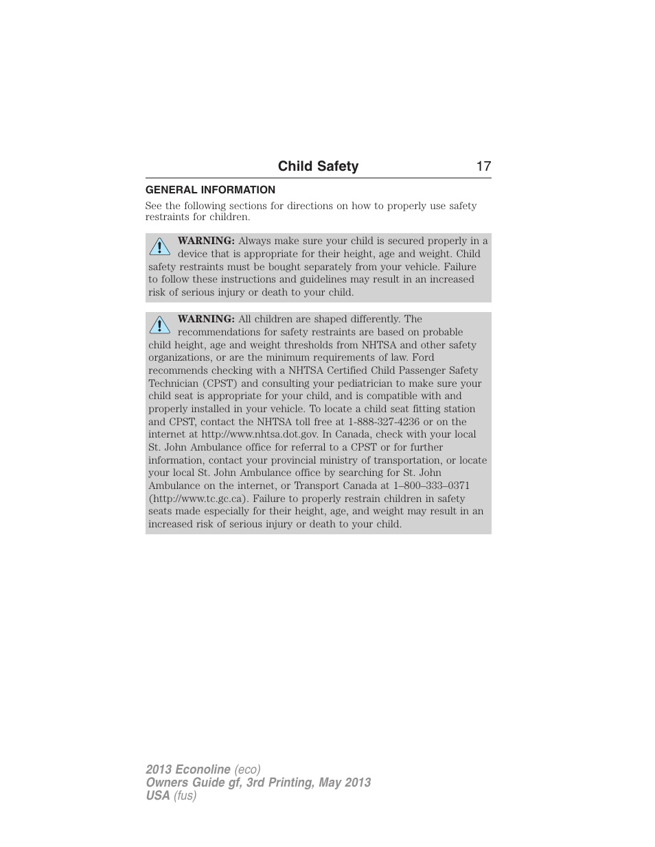 Child safety, General information, Child safety 17 | FORD 2013 E-450 v.3 User Manual | Page 18 / 444