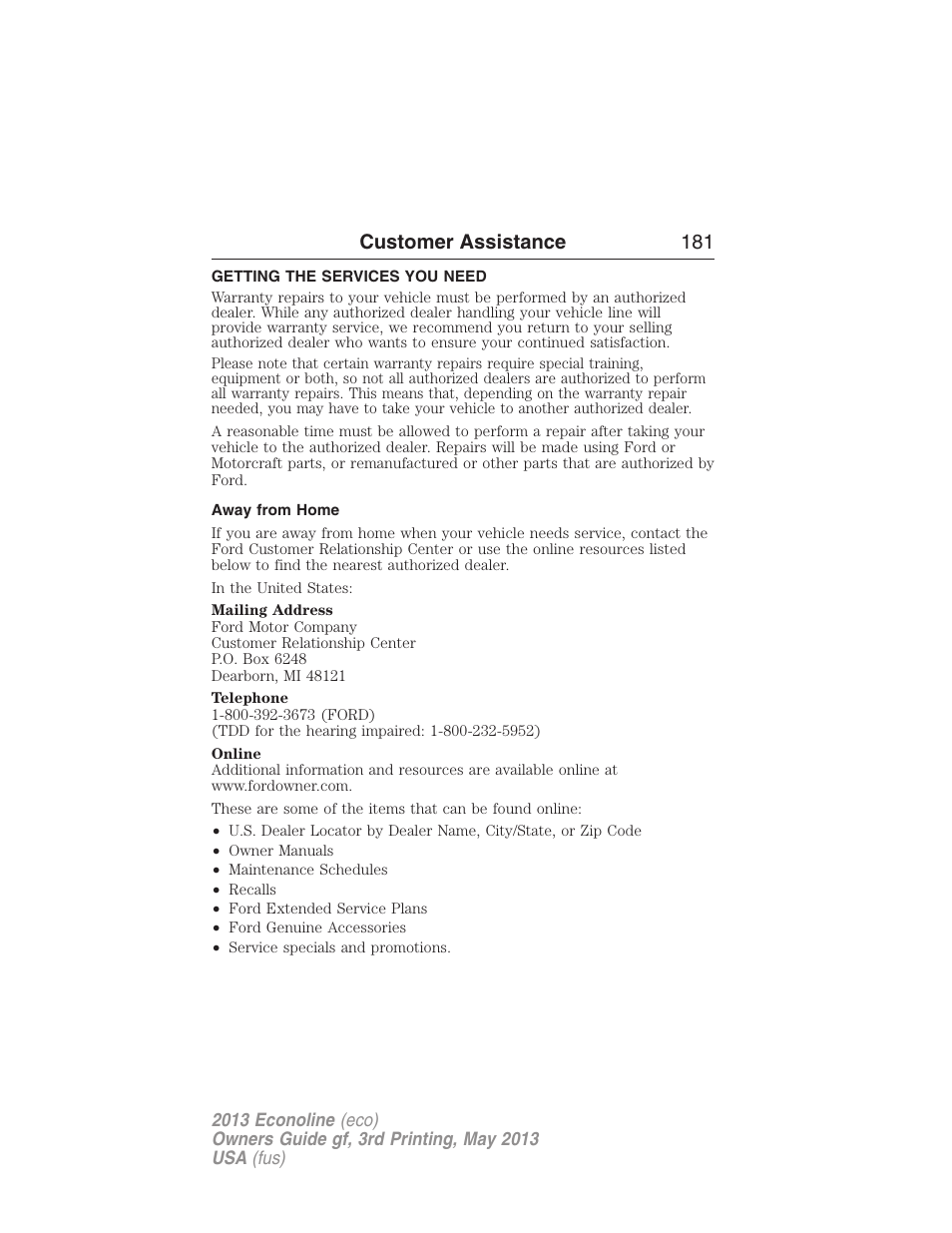 Customer assistance, Getting the services you need, Away from home | Customer assistance 181 | FORD 2013 E-450 v.3 User Manual | Page 182 / 444