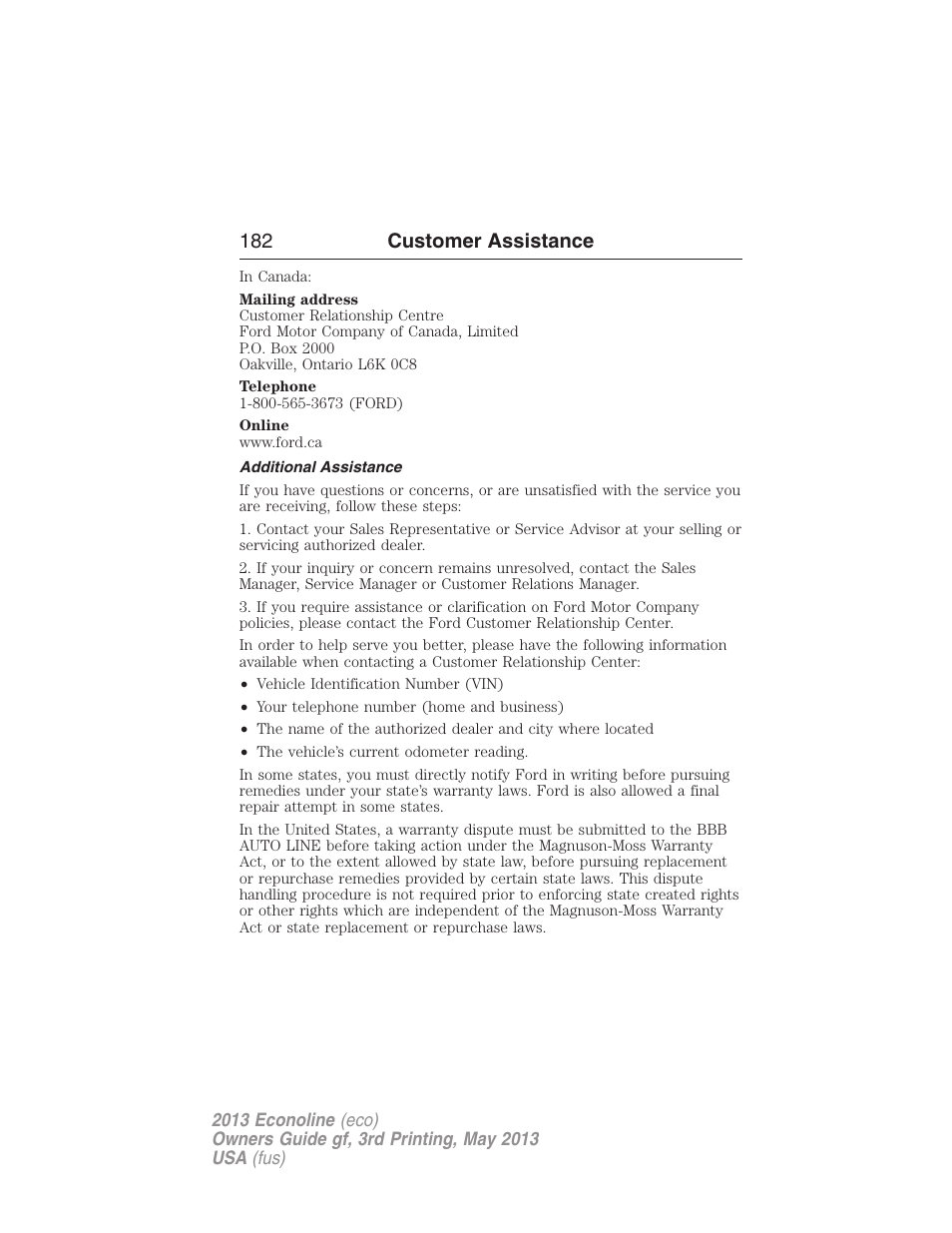 Additional assistance, 182 customer assistance | FORD 2013 E-450 v.3 User Manual | Page 183 / 444