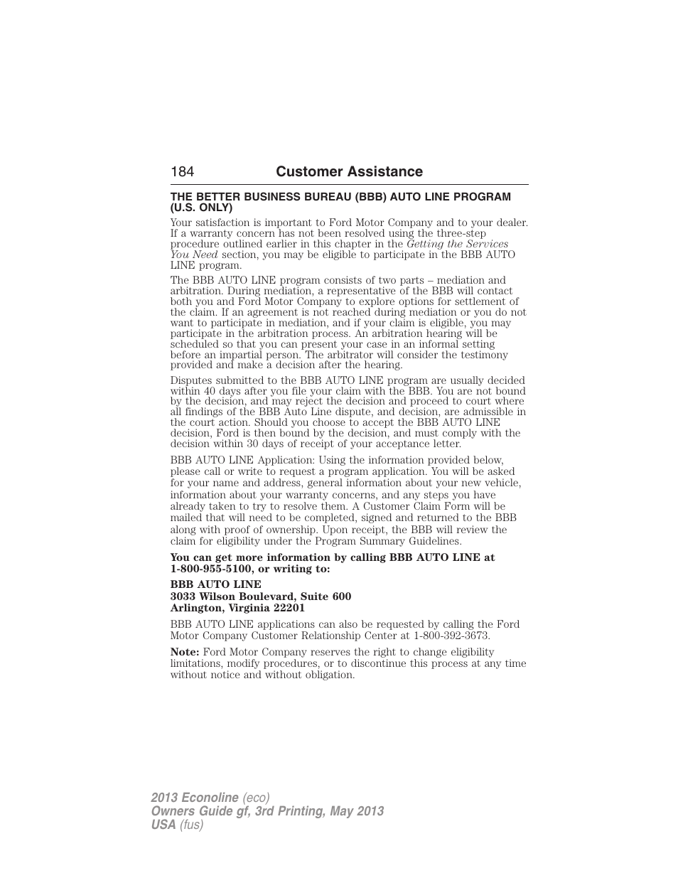 184 customer assistance | FORD 2013 E-450 v.3 User Manual | Page 185 / 444