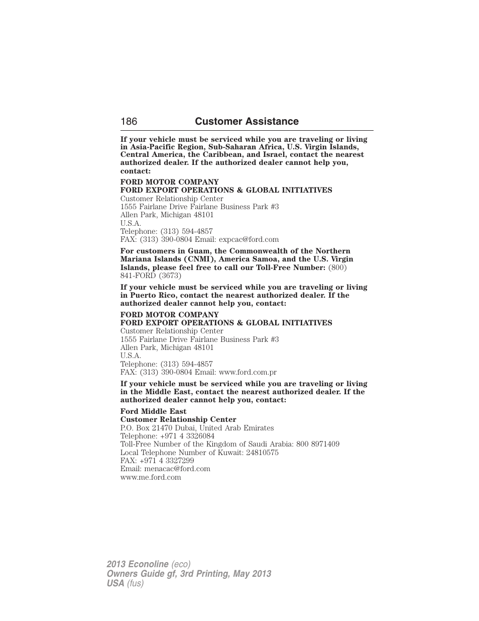 186 customer assistance | FORD 2013 E-450 v.3 User Manual | Page 187 / 444
