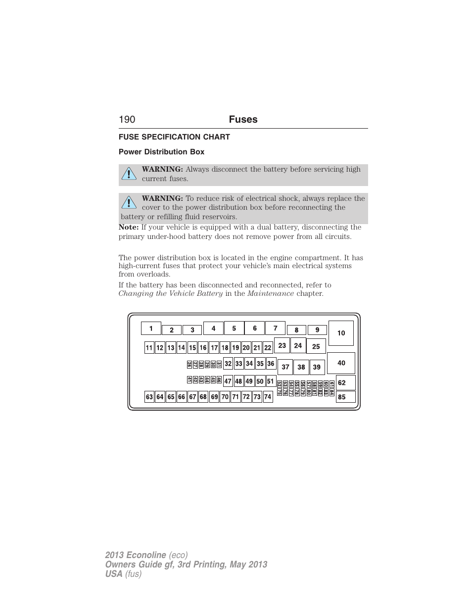 Fuse specification chart, Power distribution box, 190 fuses | FORD 2013 E-450 v.3 User Manual | Page 191 / 444