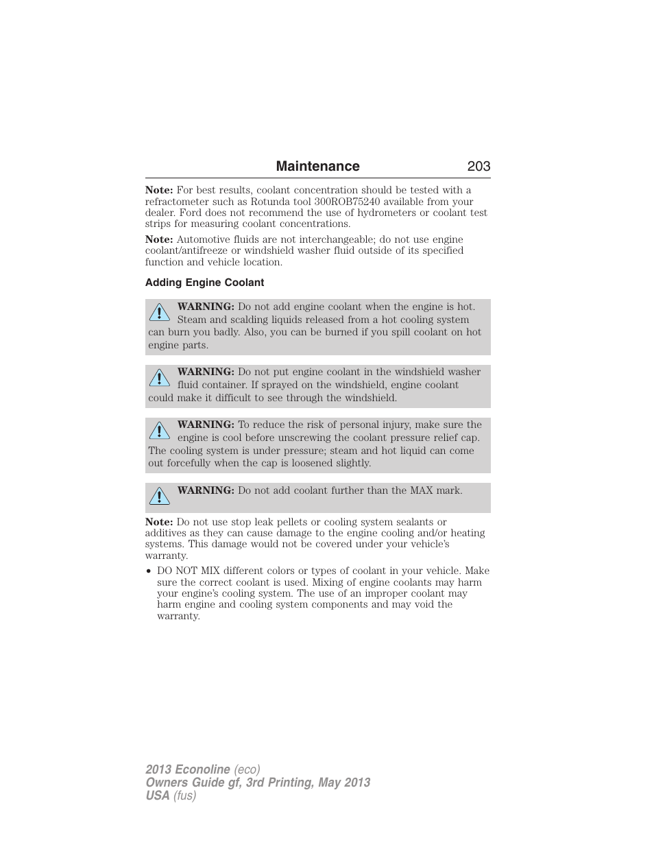Adding engine coolant, Maintenance 203 | FORD 2013 E-450 v.3 User Manual | Page 204 / 444