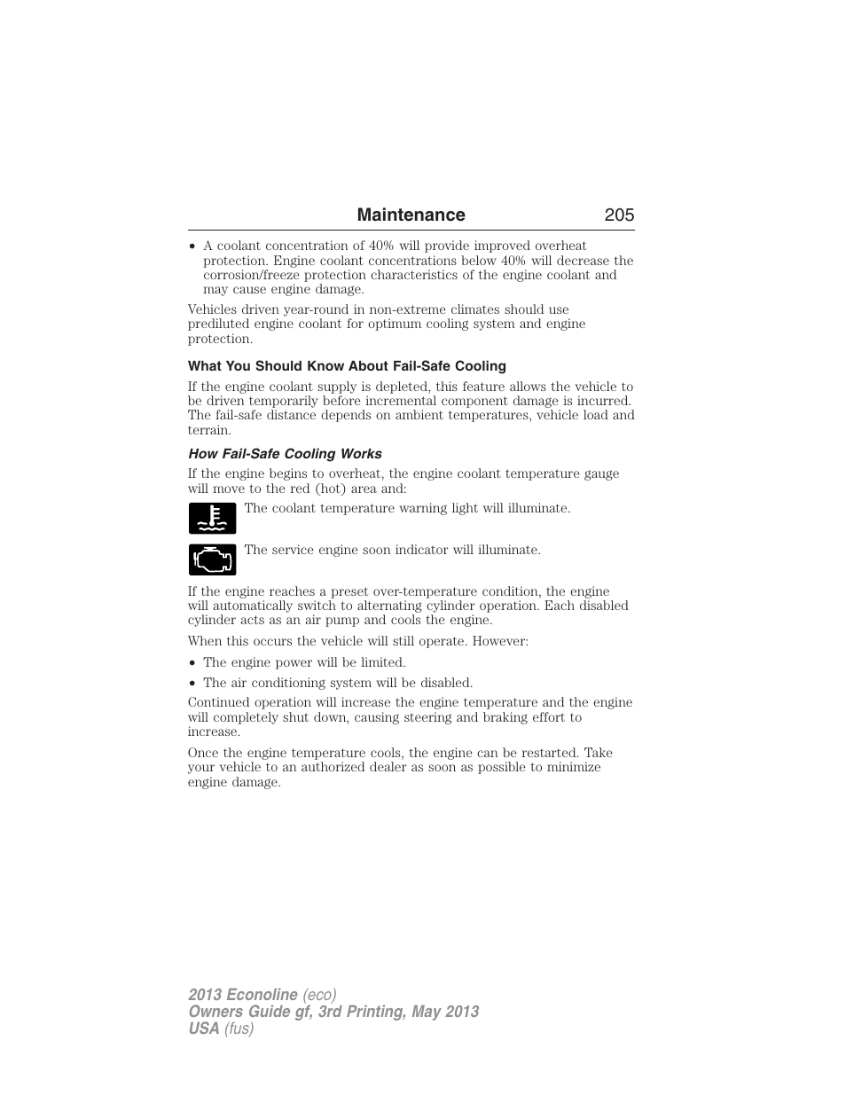 What you should know about fail-safe cooling, How fail-safe cooling works, Maintenance 205 | FORD 2013 E-450 v.3 User Manual | Page 206 / 444