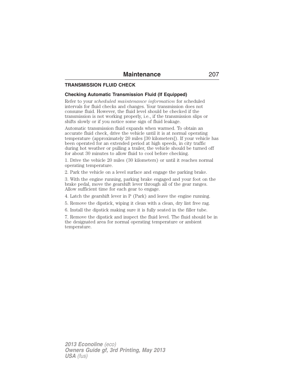 Transmission fluid check, Automatic transmission fluid check, Maintenance 207 | FORD 2013 E-450 v.3 User Manual | Page 208 / 444