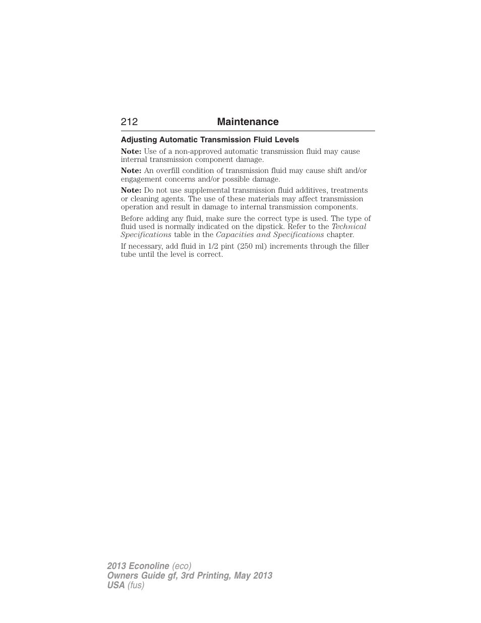 Adjusting automatic transmission fluid levels, 212 maintenance | FORD 2013 E-450 v.3 User Manual | Page 213 / 444
