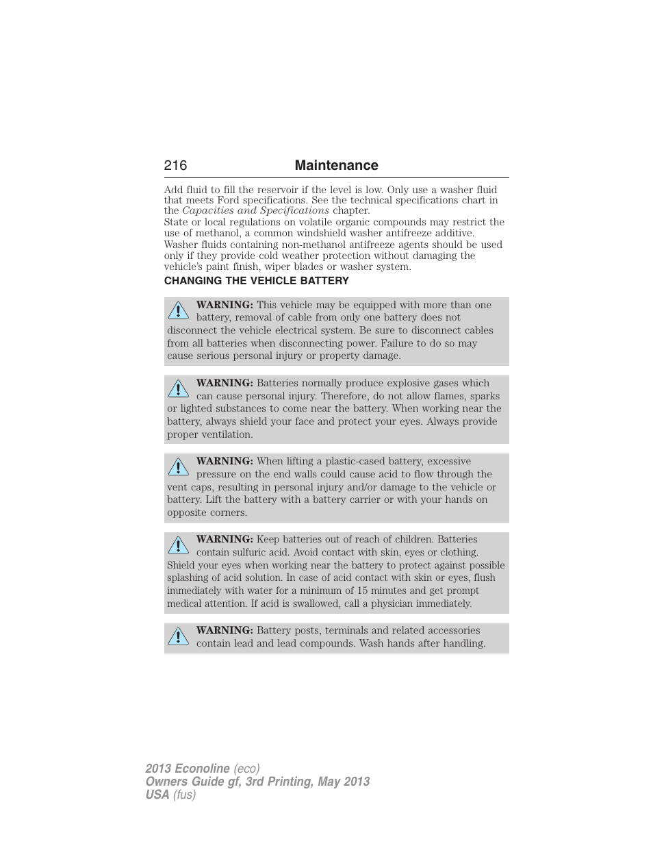 Changing the vehicle battery, 216 maintenance | FORD 2013 E-450 v.3 User Manual | Page 217 / 444