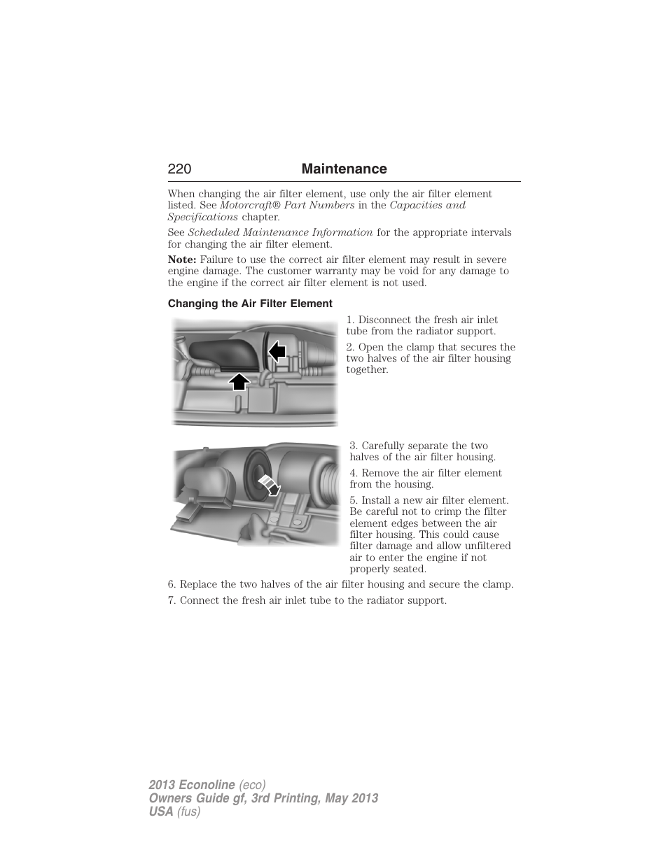 Changing the air filter element, 220 maintenance | FORD 2013 E-450 v.3 User Manual | Page 221 / 444