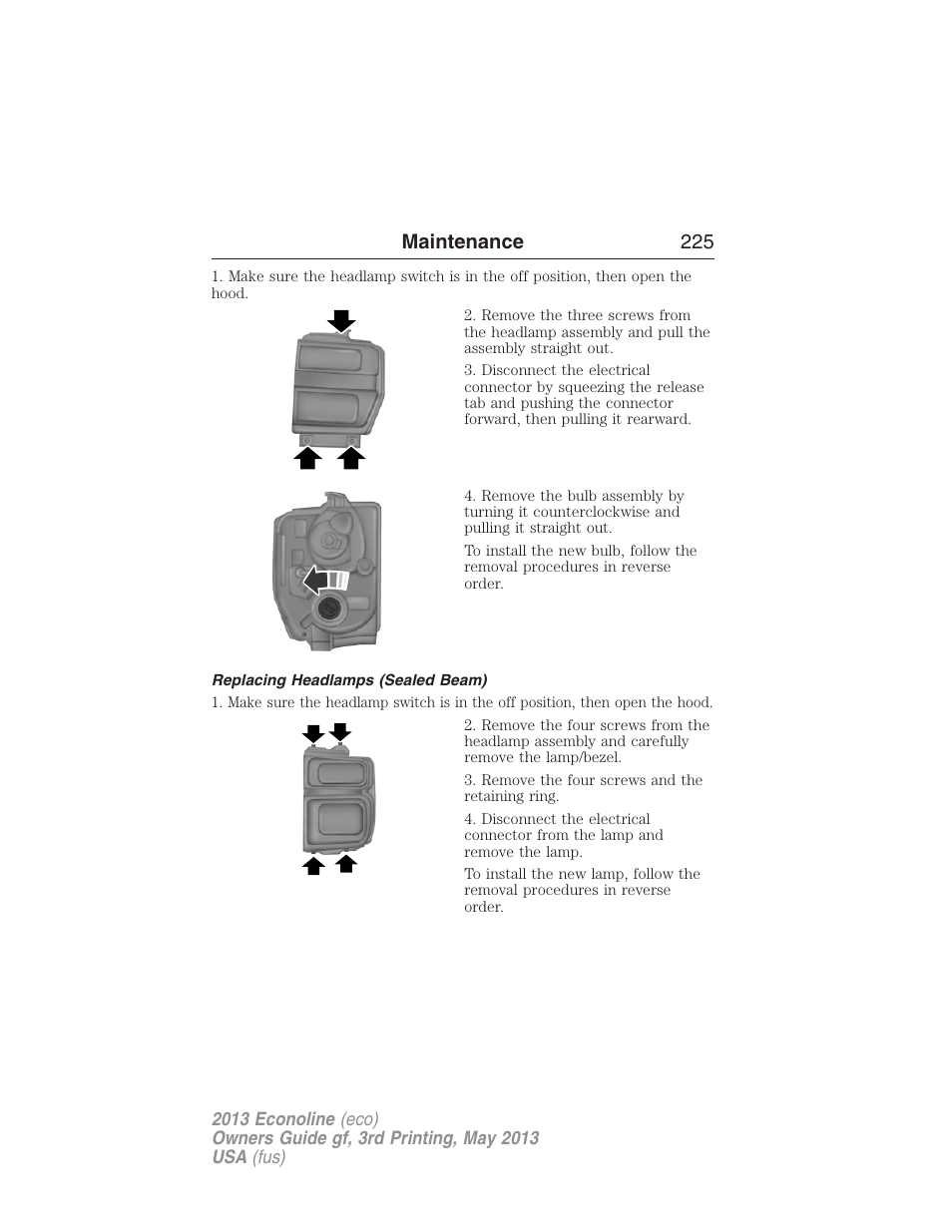 Replacing headlamps (sealed beam), Maintenance 225 | FORD 2013 E-450 v.3 User Manual | Page 226 / 444