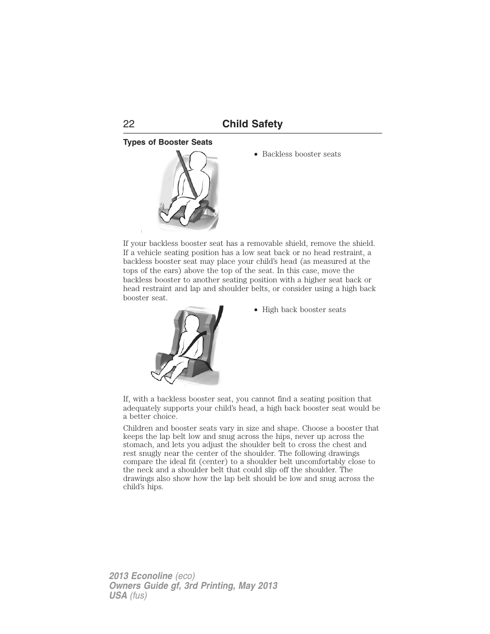 Types of booster seats, 22 child safety | FORD 2013 E-450 v.3 User Manual | Page 23 / 444