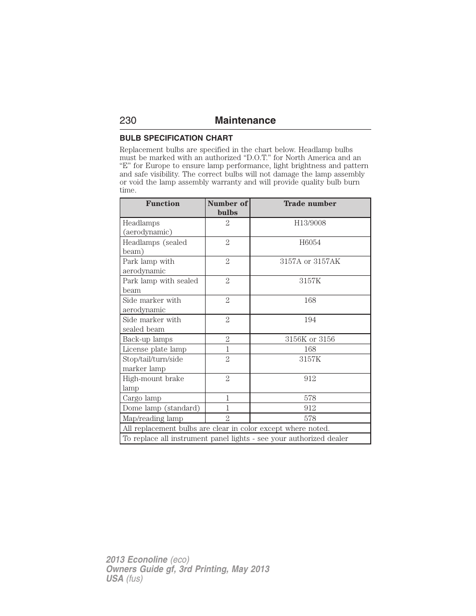 Bulb specification chart, 230 maintenance | FORD 2013 E-450 v.3 User Manual | Page 231 / 444